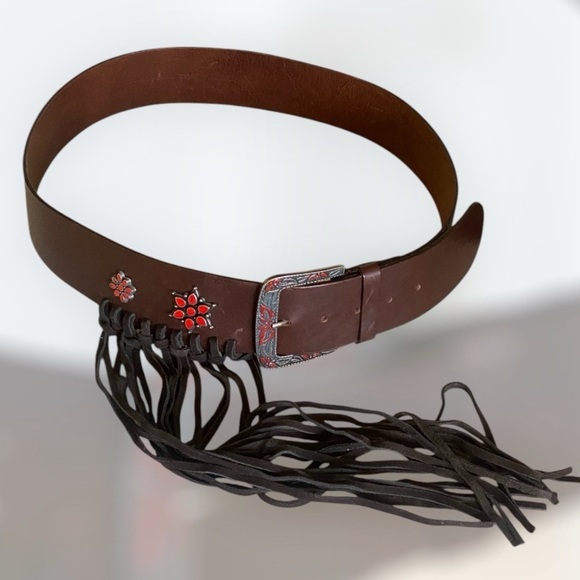 Albatros Wide Fringed Jeweled Genuine Leather Belt Size XL Brown Coastal Cowgirl - Picture 1 of 12